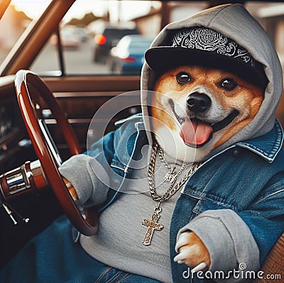 cool hispanic gangster overweight chihuahua drive vintage car anthropomorphic funny character Stock Photo