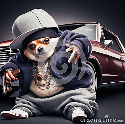 cool hispanic gangster overweight chihuahua drive vintage car anthropomorphic funny character Stock Photo