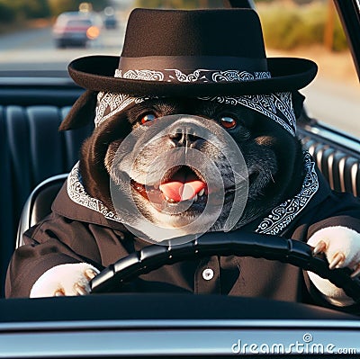 cool hispanic gangster overweight dog drive ride lowrider retro car anthropomorphic funny character Stock Photo