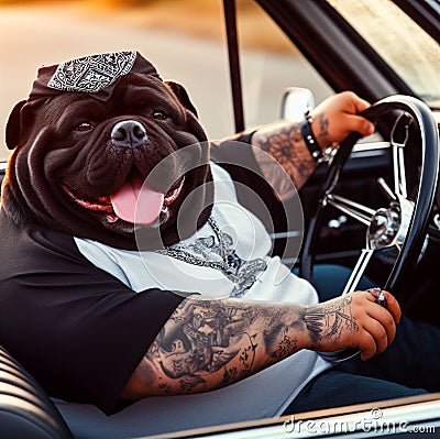 cool hispanic gangster overweight dog drive ride lowrider retro car anthropomorphic funny character Stock Photo