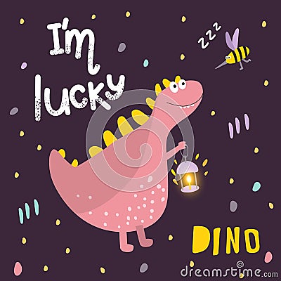 Cool illustration for children`s fashion. Dinosaur in a magical forest. Cartoon pink dinosaur. Print for children`s clothes, fabri Vector Illustration