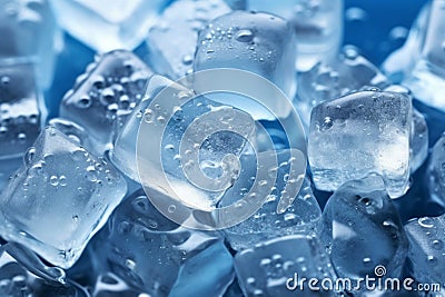 Cool and inviting, ice cubes and water droplets scattered on a blue surface Stock Photo