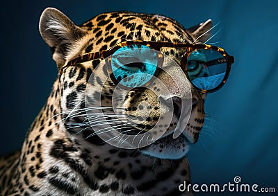 Cool jaguar posing in sunglasses against a blue background. Stock Photo