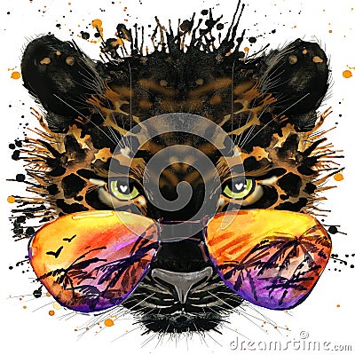 Cool jaguar T-shirt graphics. jaguar illustration with splash watercolor textured background. unusual illustration watercolor jag Cartoon Illustration