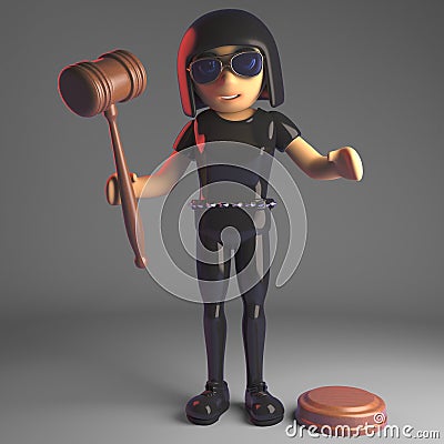 Cool leather clad gothic girl holding an auction gavel, 3d illustration Cartoon Illustration