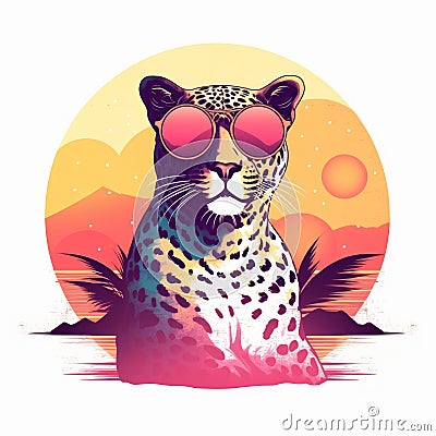 Cool Leopard With Sunglasses And Sunset Background Cartoon Illustration