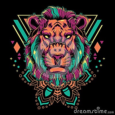 Cool Lion Vector Mandala Geometry Illustration in Black Background Vector Illustration