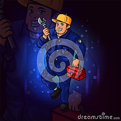 The cool mechanic man esport logo design Vector Illustration