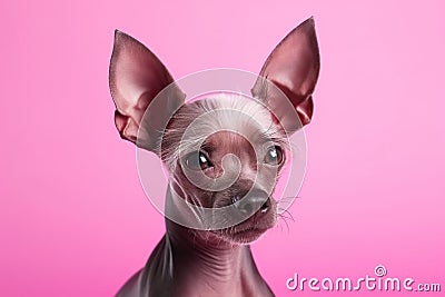 Cool mexican hairless dog on pink background. Stylish pet. Xolo, xoloizquintle breed. Generative AI. Stock Photo