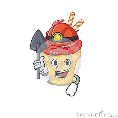 Cool miner worker of cherry ice cream cartoon character design Vector Illustration