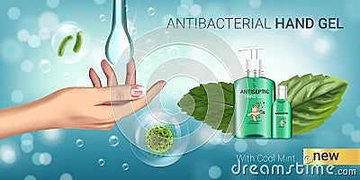 Cool mint flavor Antibacterial hand gel ads. Vector Illustration with antiseptic hand gel in bottles and mint leaves elements Vector Illustration