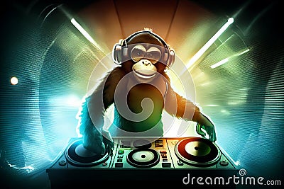 Cool monkey dj works at the dj console. AI generated. Stock Photo