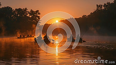 Cool morning air meets fishermen in canoes. Stock Photo