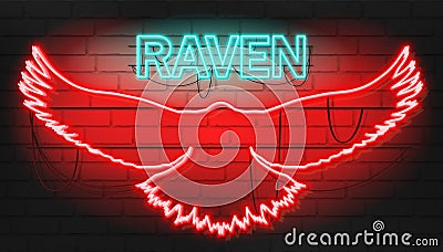 Cool Neon raven sign on brickwall. Vector Illustration