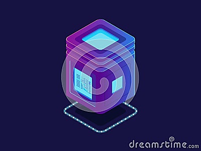 Cool neon server, processing unit, cloud storage database, isometric vector information warehouse, digital Vector Illustration