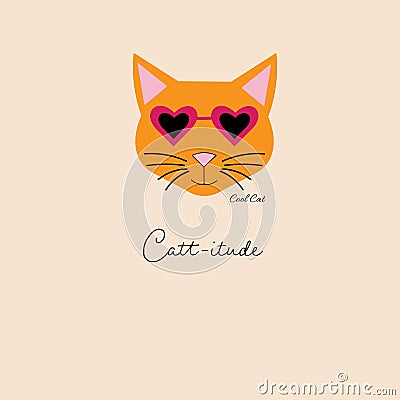 Cool orange cat with heart sunglasses on tan background repeat seamless pattern design Vector Illustration