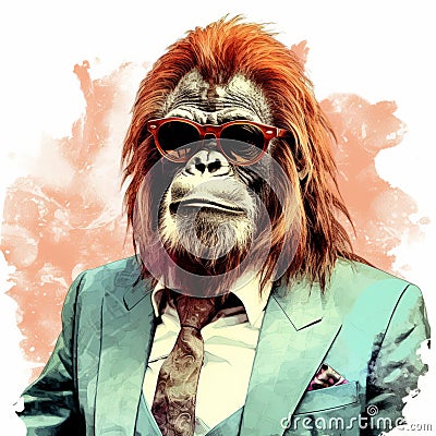Cool Orangutan In Sunglasses And Suit: A Painterly Fashion Illustration Cartoon Illustration