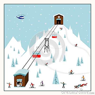 Cool pastel Cartoon ski poster. The mountain resort with lifts, slopes, skiers. Vector Illustration