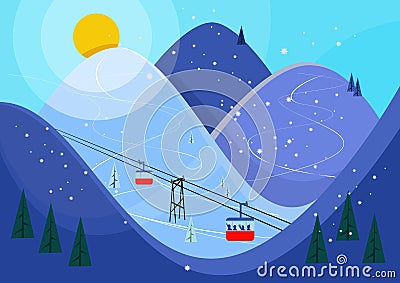 Cool pastel Cartoon ski poster. The mountain resort with ski lifts, slopes. Vector Illustration