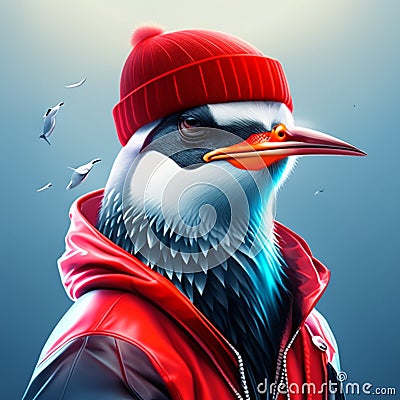 Cool penguin in a red cap. 3d rendering, 3d illustration. generative AI Cartoon Illustration