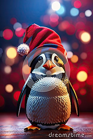 Cool Penguin santa hat red background. ai generative Stock Photo