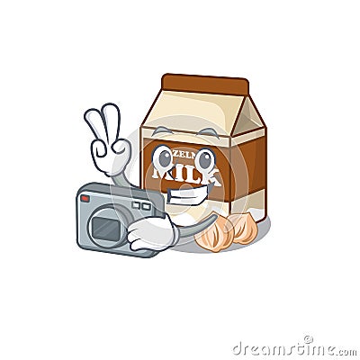 Cool Photographer hazelnut milk character with a camera Vector Illustration