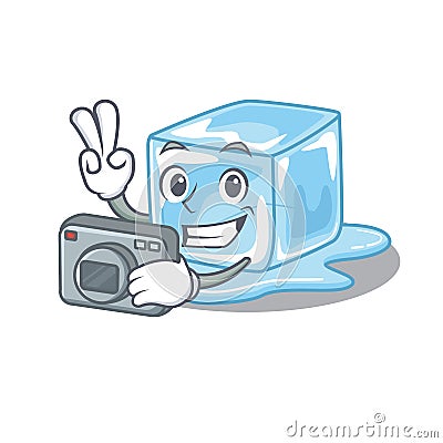 Cool Photographer ice cube character with a camera Vector Illustration
