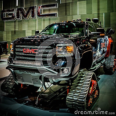 Cool picture of majesty GMC Sierra truck on caterpillar tracks , Chicago Autoshow 02/17/2019 Editorial Stock Photo