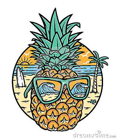 Cool pineapple on the beach Vector Illustration