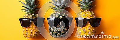 Cool pineapple with sunglasses and sunblock on pastel background with space for text Stock Photo