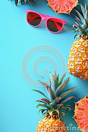 Cool pineapple with sunglasses and sunblock on pastel background for text placement Stock Photo