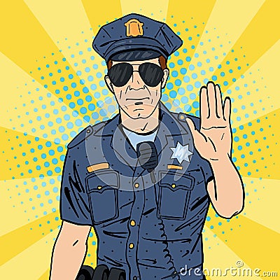 Cool Policeman. Serious Police Officer. Pop Art Vector Illustration