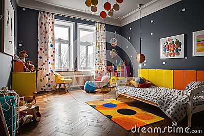 A cool pop art-inspired children's room with bright, flashy toys and retro furniture. Stock Photo