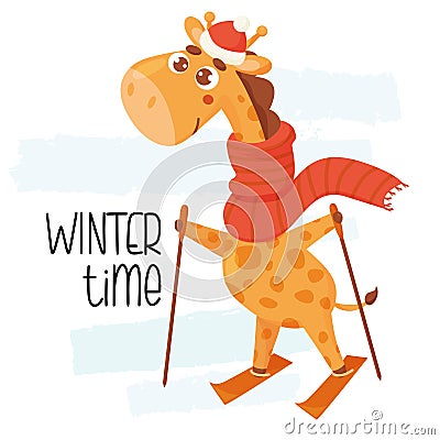 Cool postcard with skiing cute winter giraffe and inscription winter time. Vector illustration. Template for design of Vector Illustration
