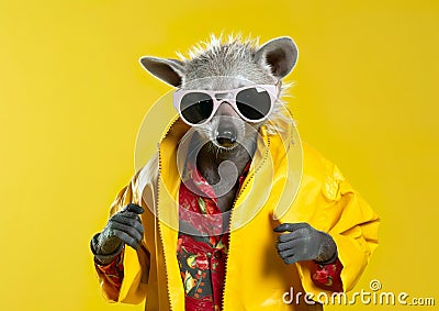 Cool raccoon in sunglasses posing in front of a colorful background. Cartoon Illustration
