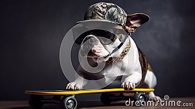 Cool red ginger dog Bulldog in sunglasse, cap and golden collar sitting on skateboard funny pets generative AI Stock Photo