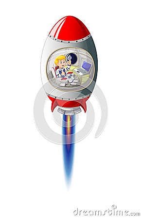 Cool Red White Rocket Flying With Astronaut Inside Cartoon Vector Illustration