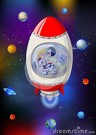 Cool Red White Rocket In Galaxy Space With Planets Cartoon Stock Photo