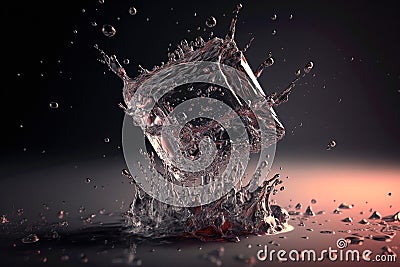 A freeze shot on falling single ice cube with water splash. Cool Refreshing concept With Drops Splashing. Generative AI Stock Photo