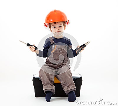 Cool repairman in hardhat with pliers and screwdriver on white Stock Photo