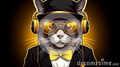 Cool rich gangster boss cat hipster with sunglasses, hat, headphones. generative ai Stock Photo