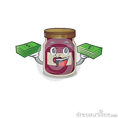 Cool rich plum jam character having money on hands Vector Illustration