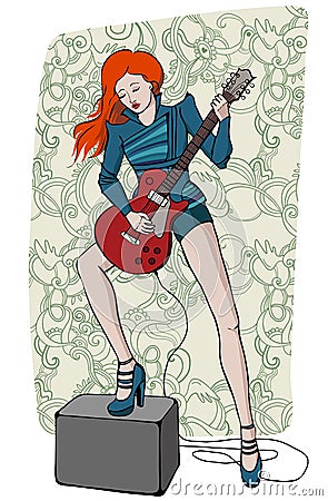 Cool rock star girl playing guitar Vector Illustration