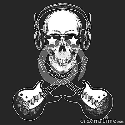 Cool rock star skull wearing disco glasses and headphones Retro music festival. Wings. Heavy metall emblem for concert Vector Illustration