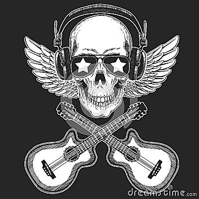 Cool rock star skull wearing disco glasses and headphones Retro music festival. Wings. Heavy metall emblem for concert Vector Illustration