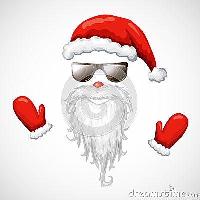 cool santa claus vector illustration. red santa hat, sunglasses, beard isolated on white. hipster santa face mask in sunglasses. Cartoon Illustration