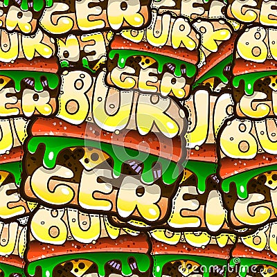 Cool seamless pattern with cartoon hamburgers. Vector illustration for design of packing fast food. Vector Illustration