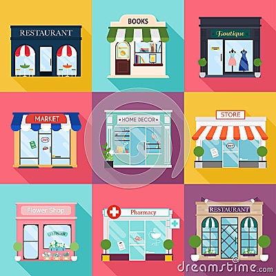 Cool set of vector detailed flat design restaurants and shops fa Vector Illustration