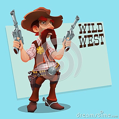 Cool sheriff cowboy with revolver. Character design - wild west. Vector Illustration