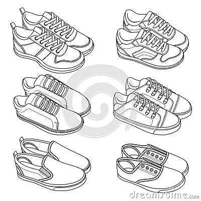 6 COOL shoes, sneakers, vector, sketch, draw set Vector Illustration